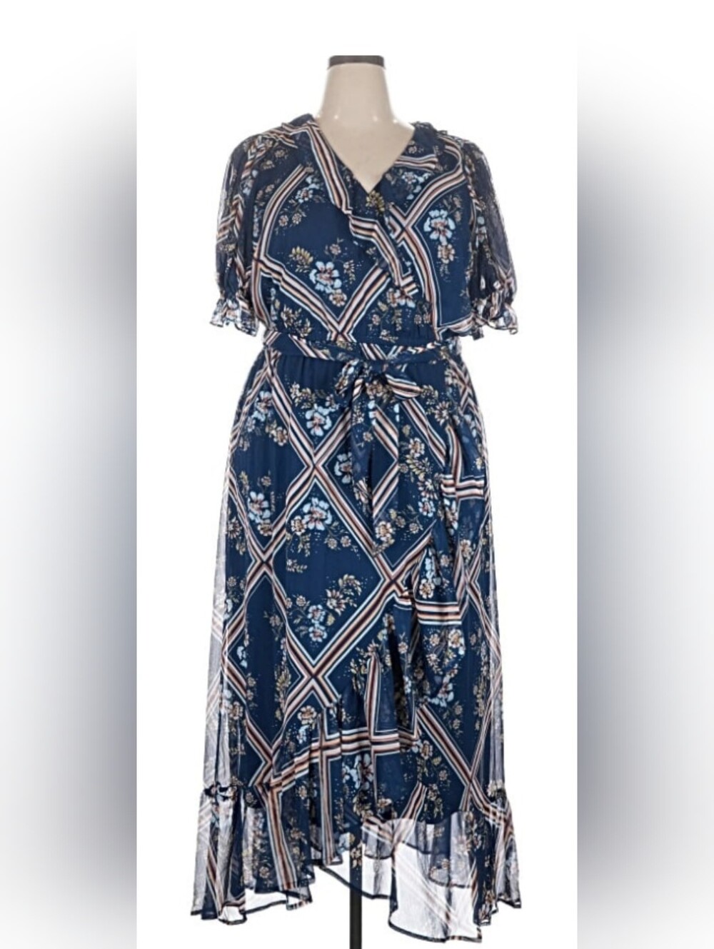 LC Lauren Conrad Navy Floral Geometric Tie-Waist Maxi Dress